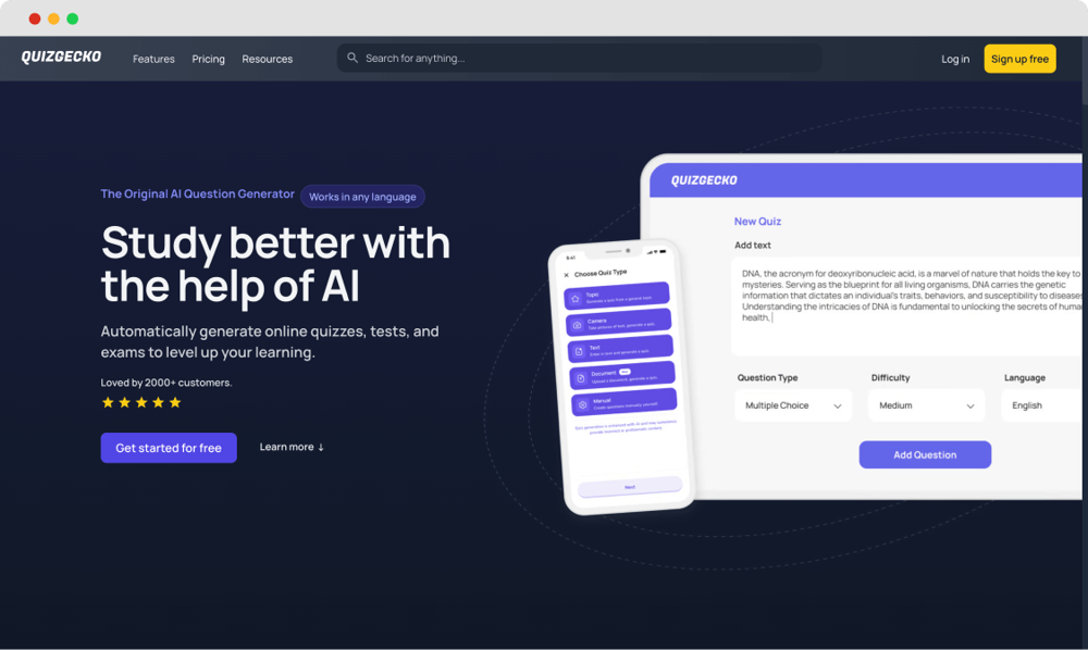 La page d'accueil de Quizgecko