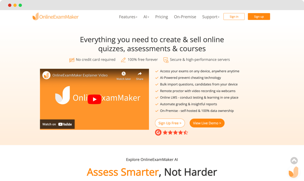 La page d'accueil de Online Exam Maker