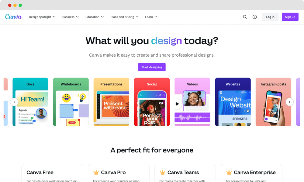Die Homepage von Canva