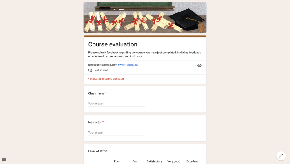Course evaluation form on Google Forms