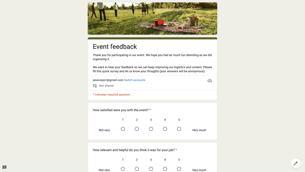 Event feedback form on Google Forms