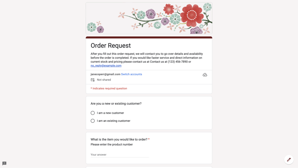 Order form on Google Forms