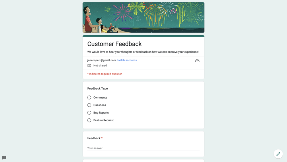 Customer feedback form on Google Forms
