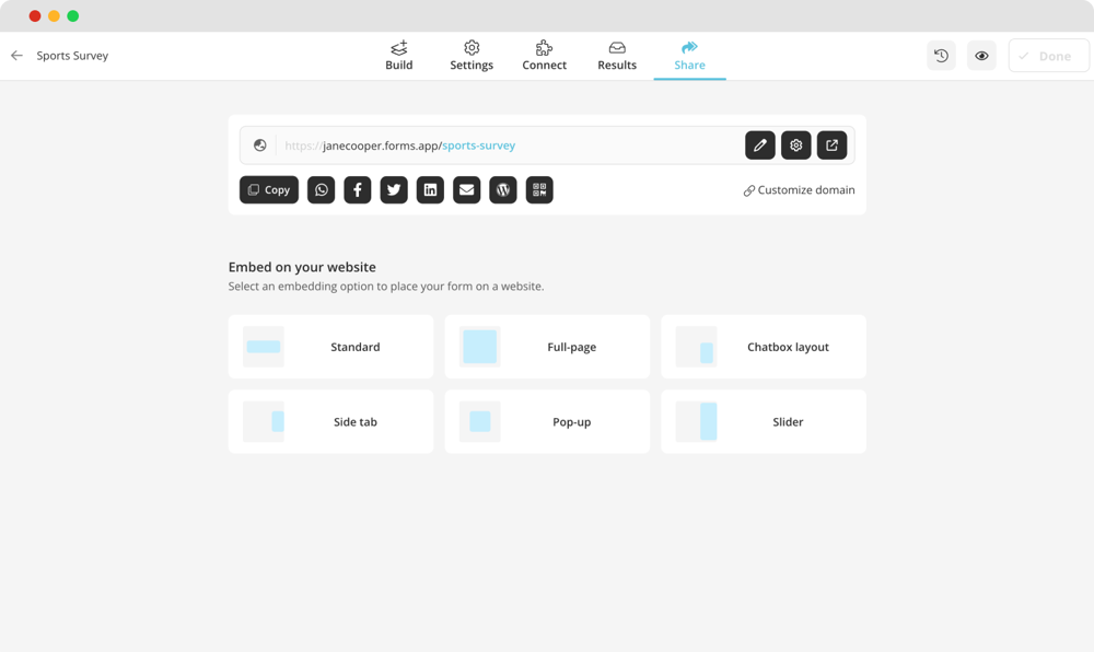 Share the survey link, generate a QR code, or embed it on a web page