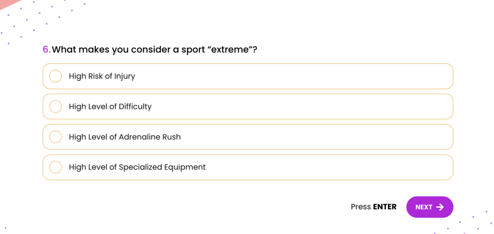 Sports survey question example for various types of sports