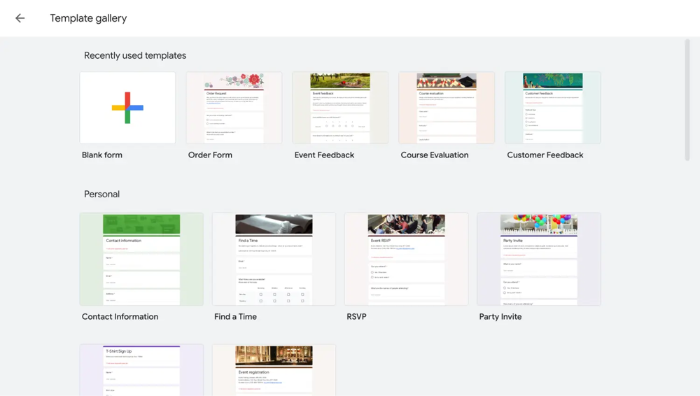 Google Forms şablon galerisine göz atın