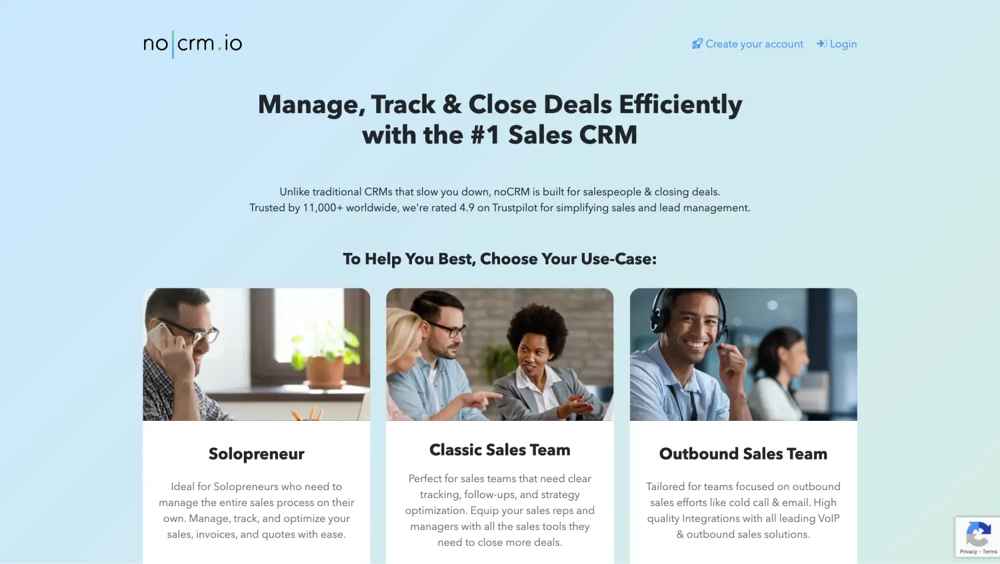 La page d'accueil de noCRM.io