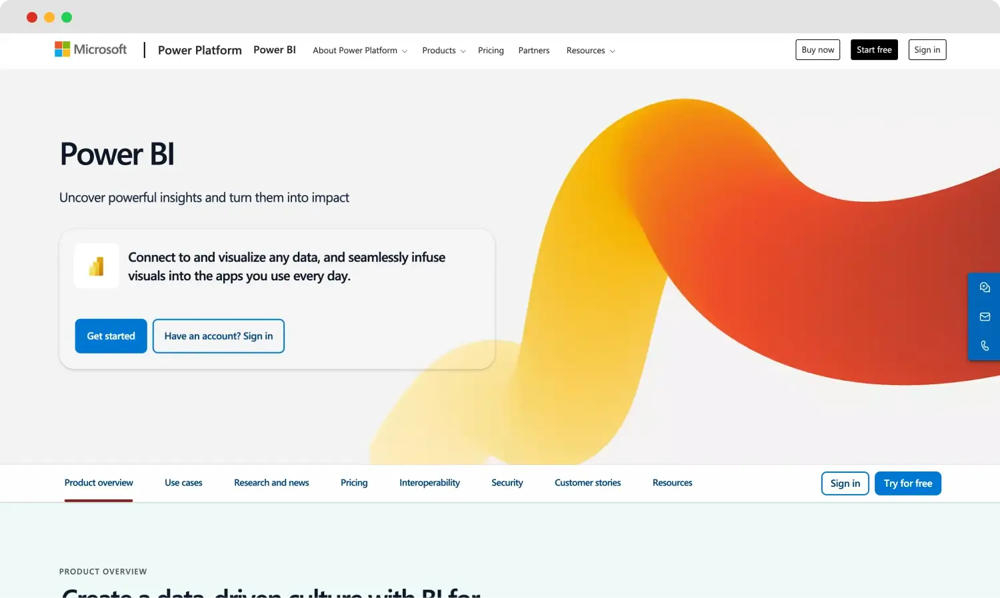 Microsoft Power BI'nın ana sayfası