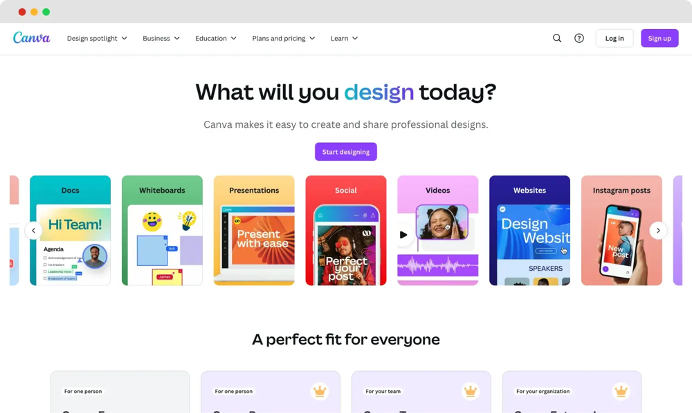 La página de inicio de Canva