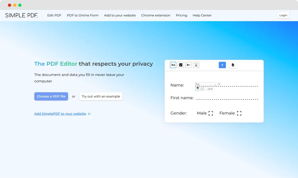 La página de inicio de SimplePDF