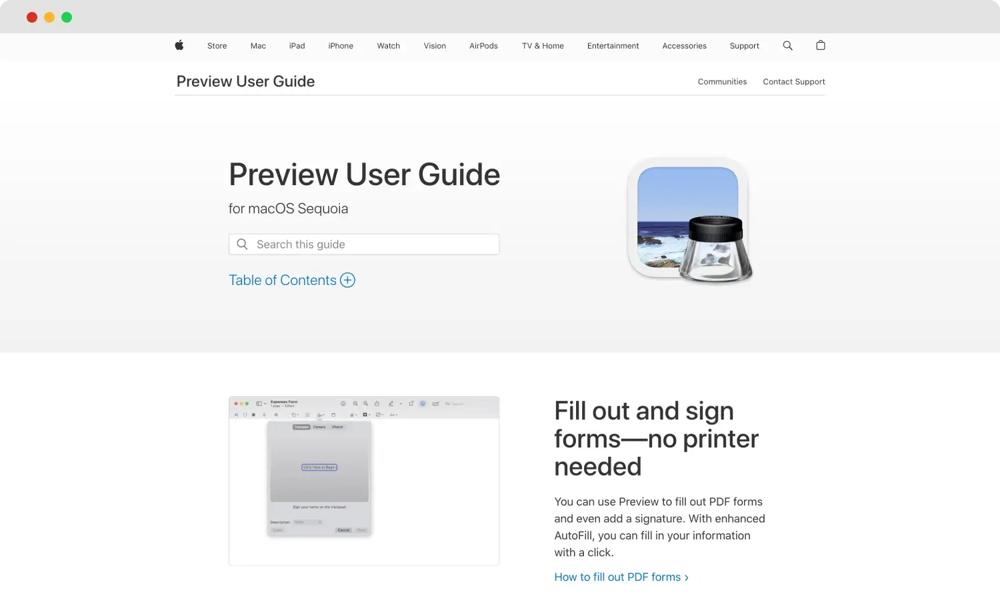 La página de inicio de Apple Preview