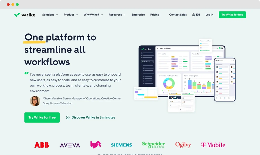 Wrike'ın ana sayfası