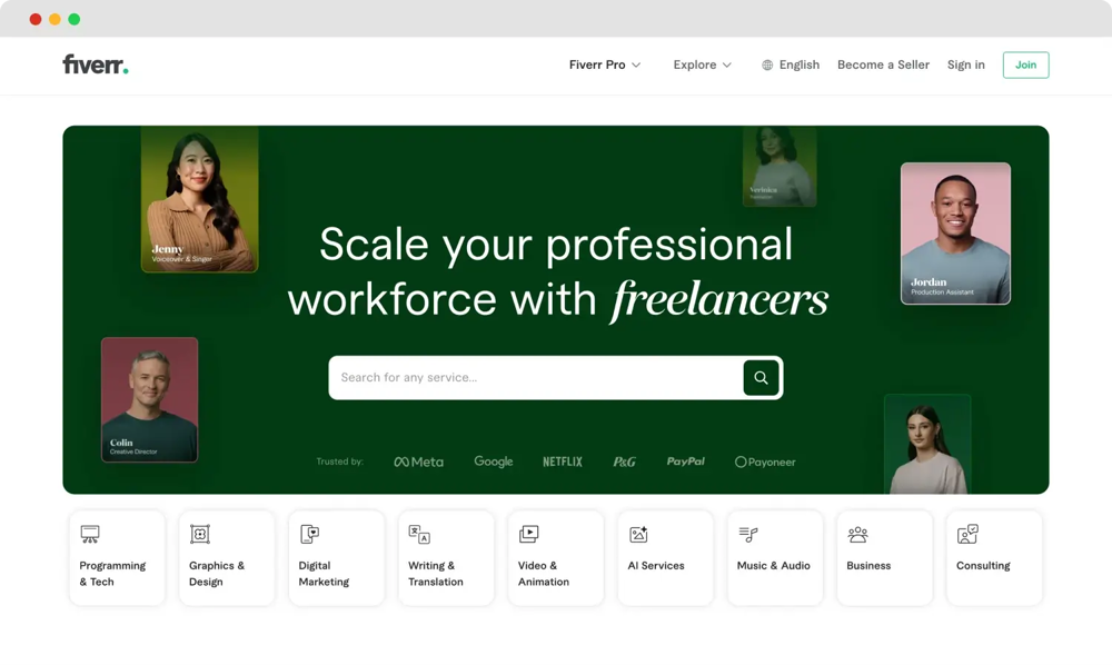 Homepage von Fiverr