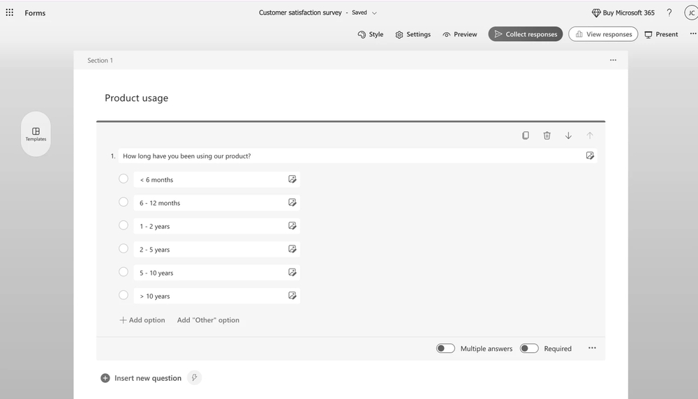 Workspace of Microsoft Forms