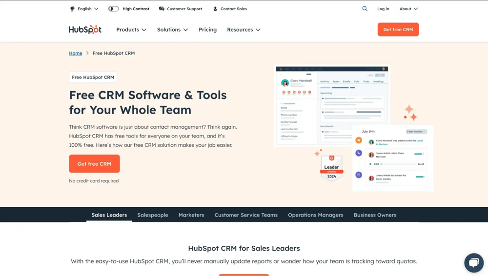 HubSpotCRM'nin ana sayfası