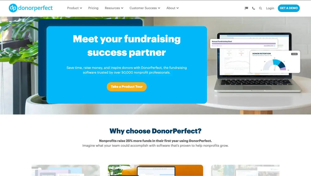 DonorPerfect CRM'nin ana sayfası