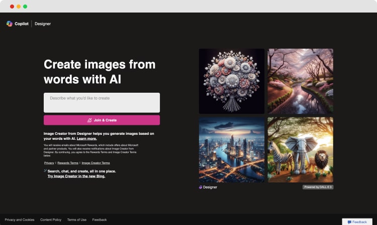 A página inicial do Image Creator from Microsoft Designer