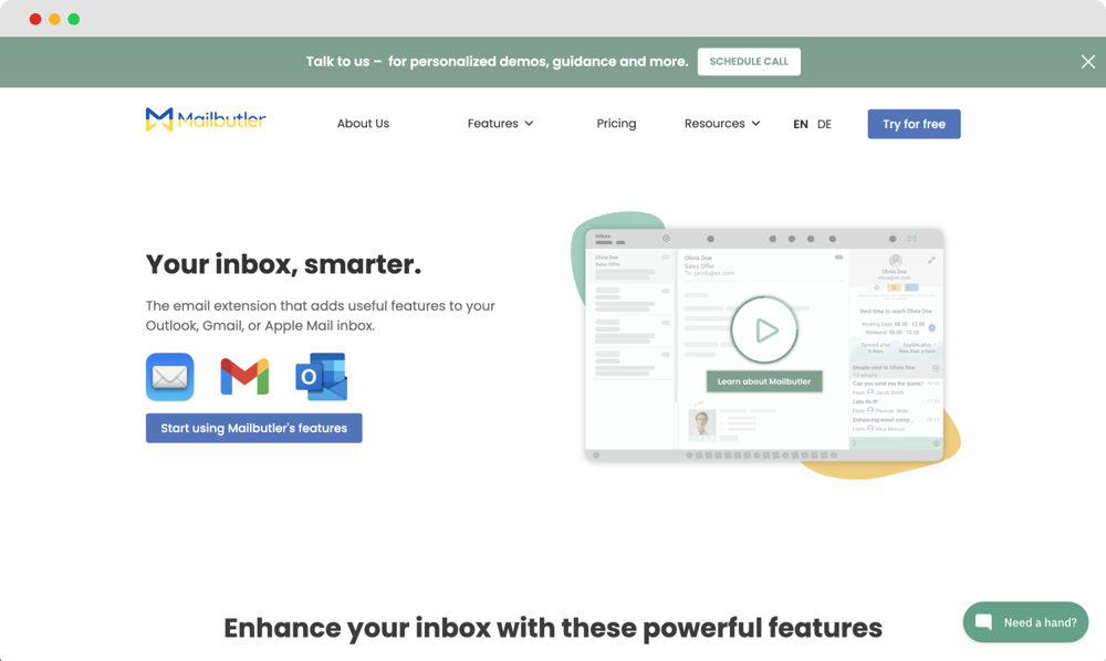 A página inicial do Mailbutler