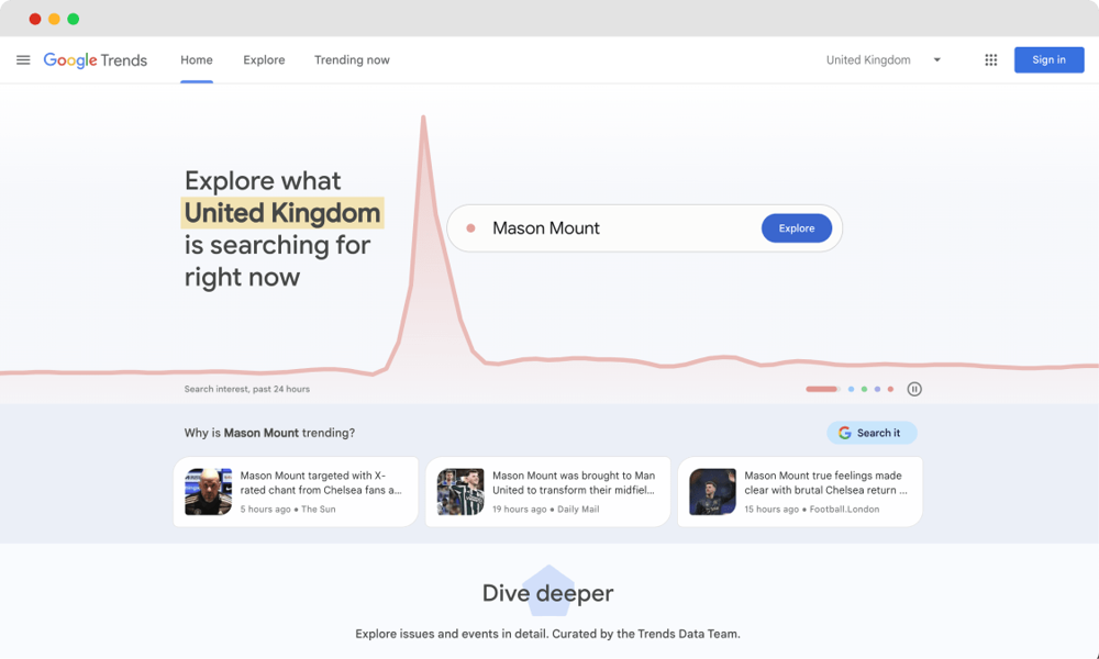 The homepage of Google Trends