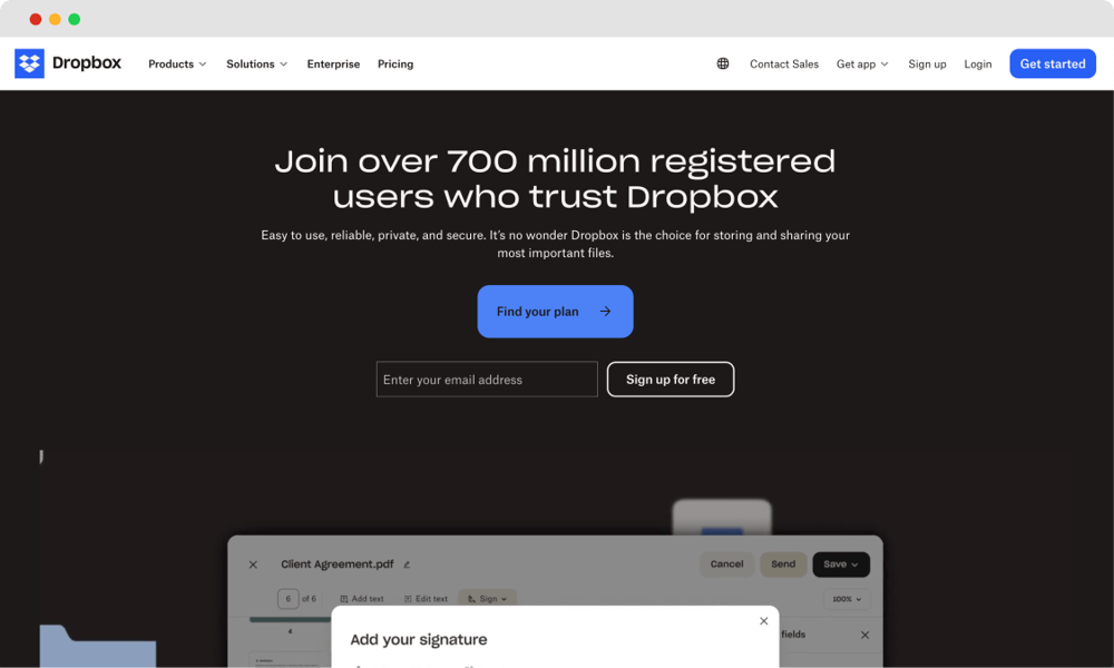 The homepage of Dropbox