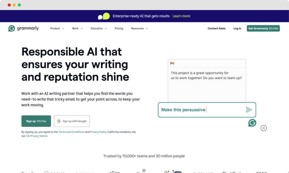 The homepage of Grammarly