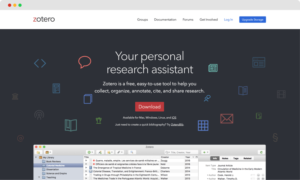 The homepage of Zotero