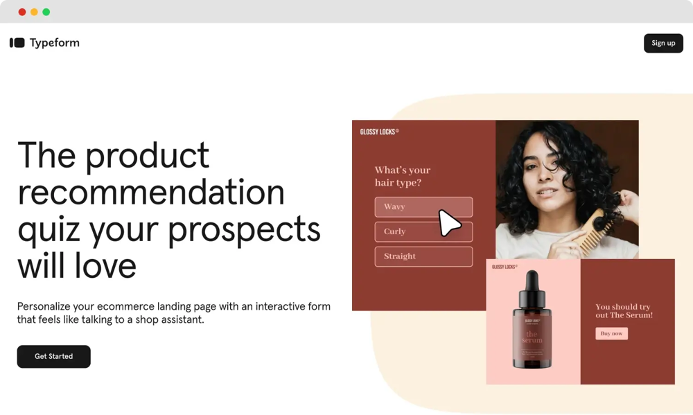 Product recommendation quiz template of Typeform
