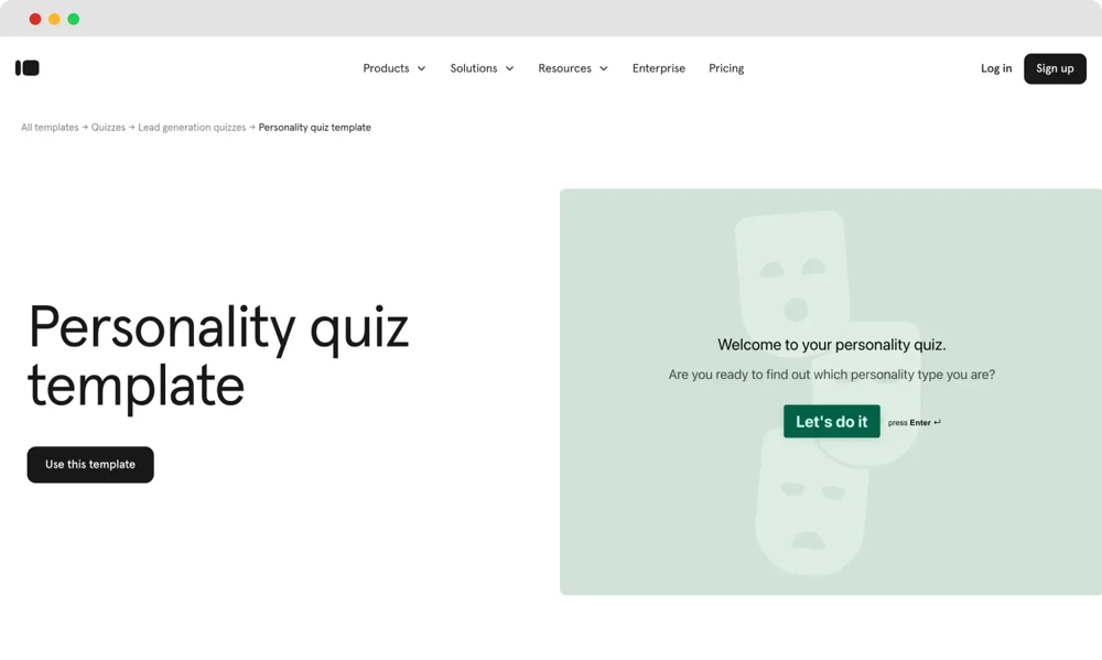 Personality quiz template of Typeform