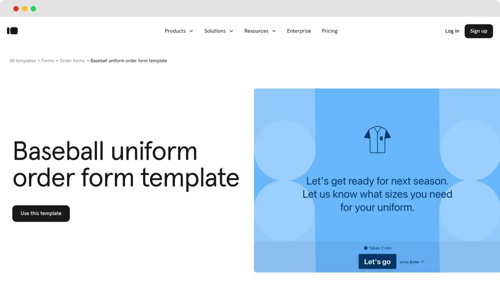 Order form template of Typeform