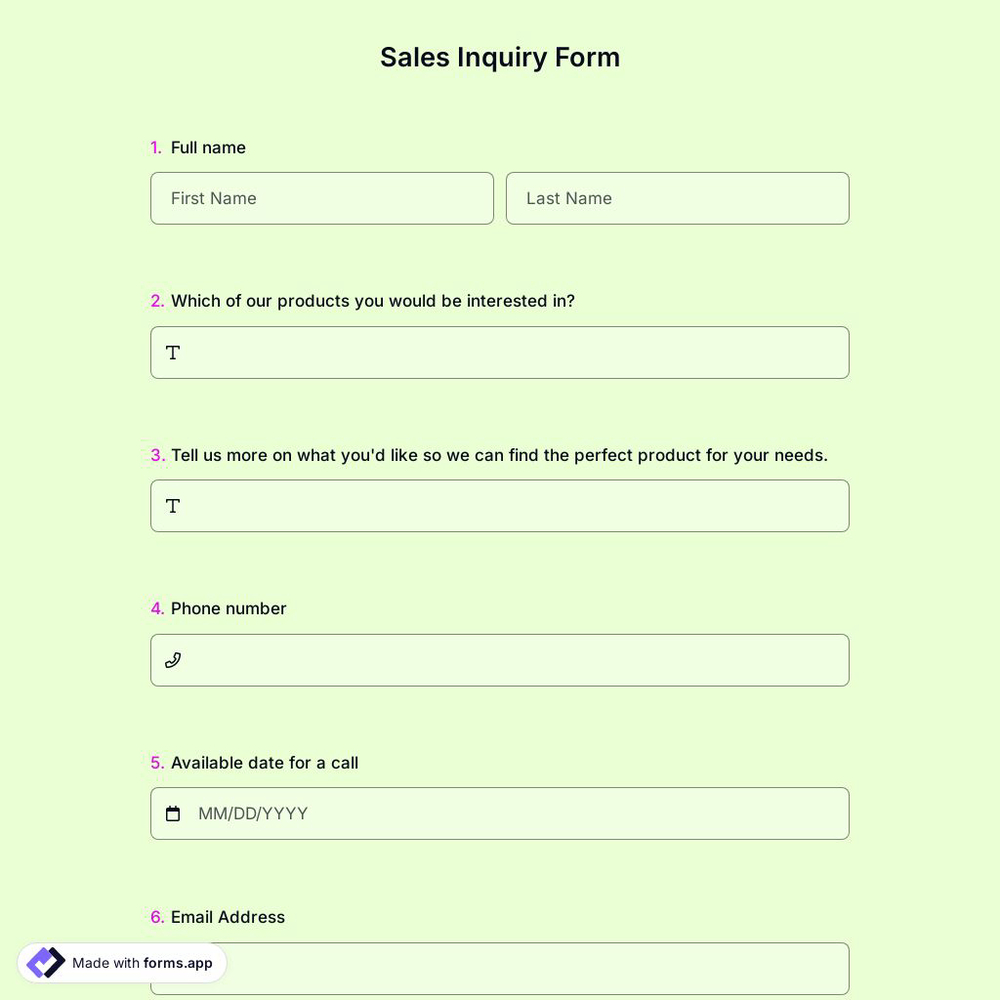 Sales Inquiry Form Template