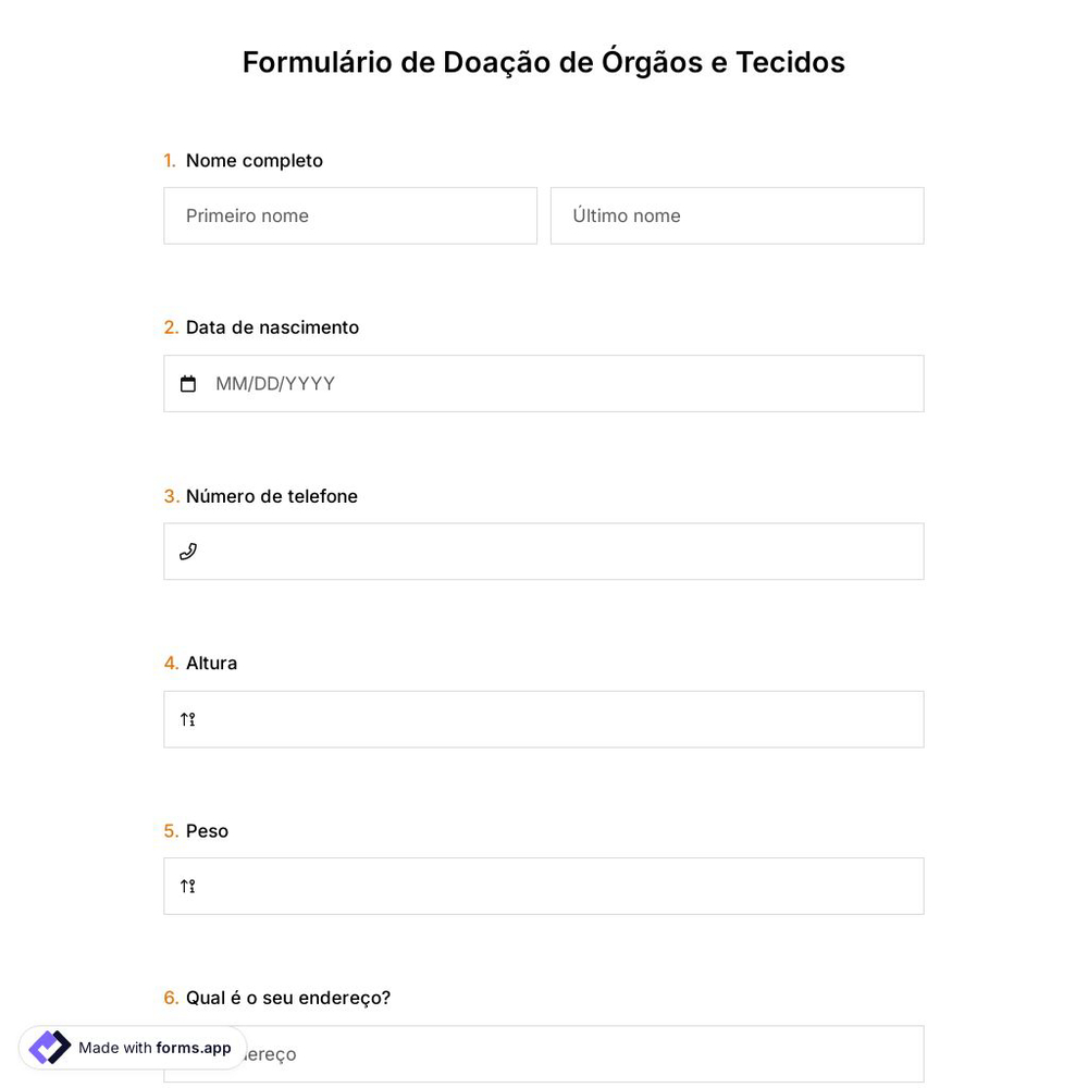 Modelo de Formulário de Doação de órgãos e Tecidos