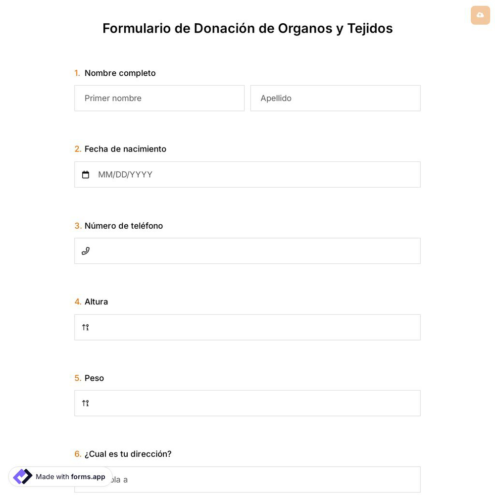 Plantilla de Formulario de Donación de Organos y Tejidos