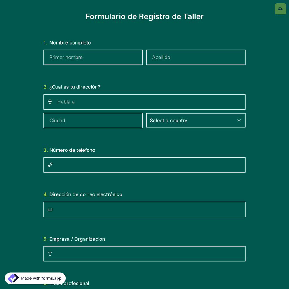 Plantilla de Formulario de Registro de Taller
