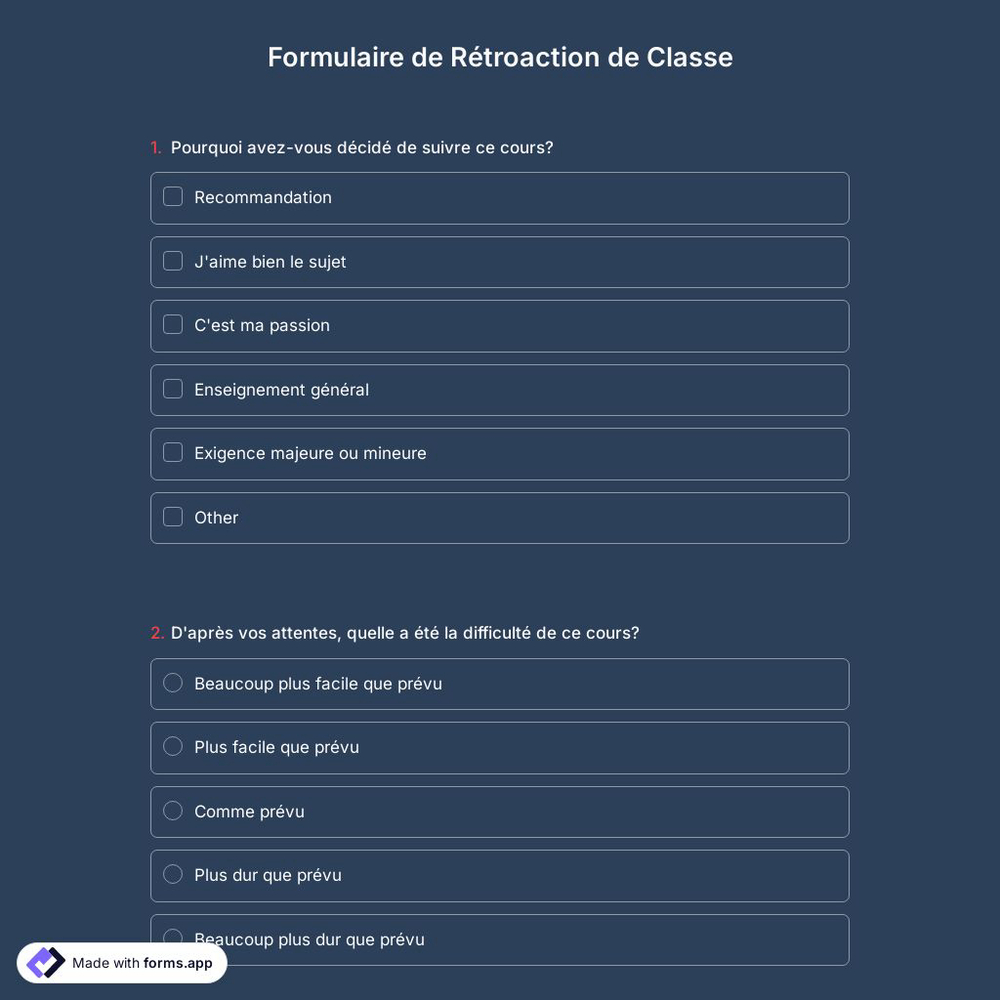 Modèle de Formulaire de Rétroaction de Classe