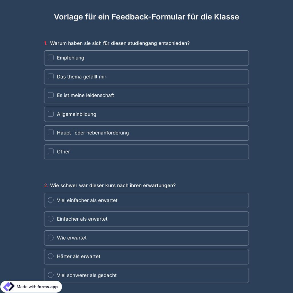 Vorlage für ein Feedback-Formular für die Klasse
