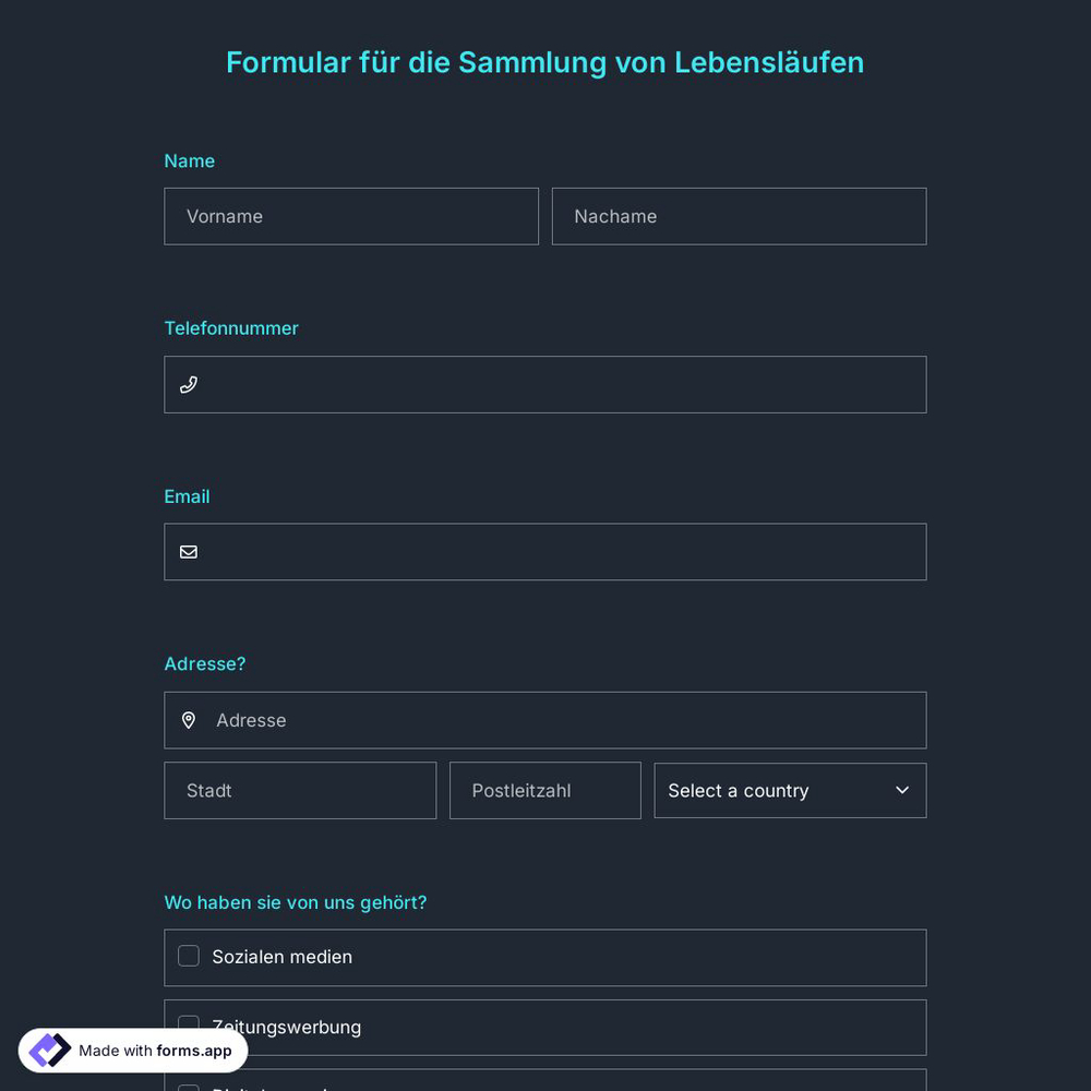 Formular für die Sammlung von Lebensläufen