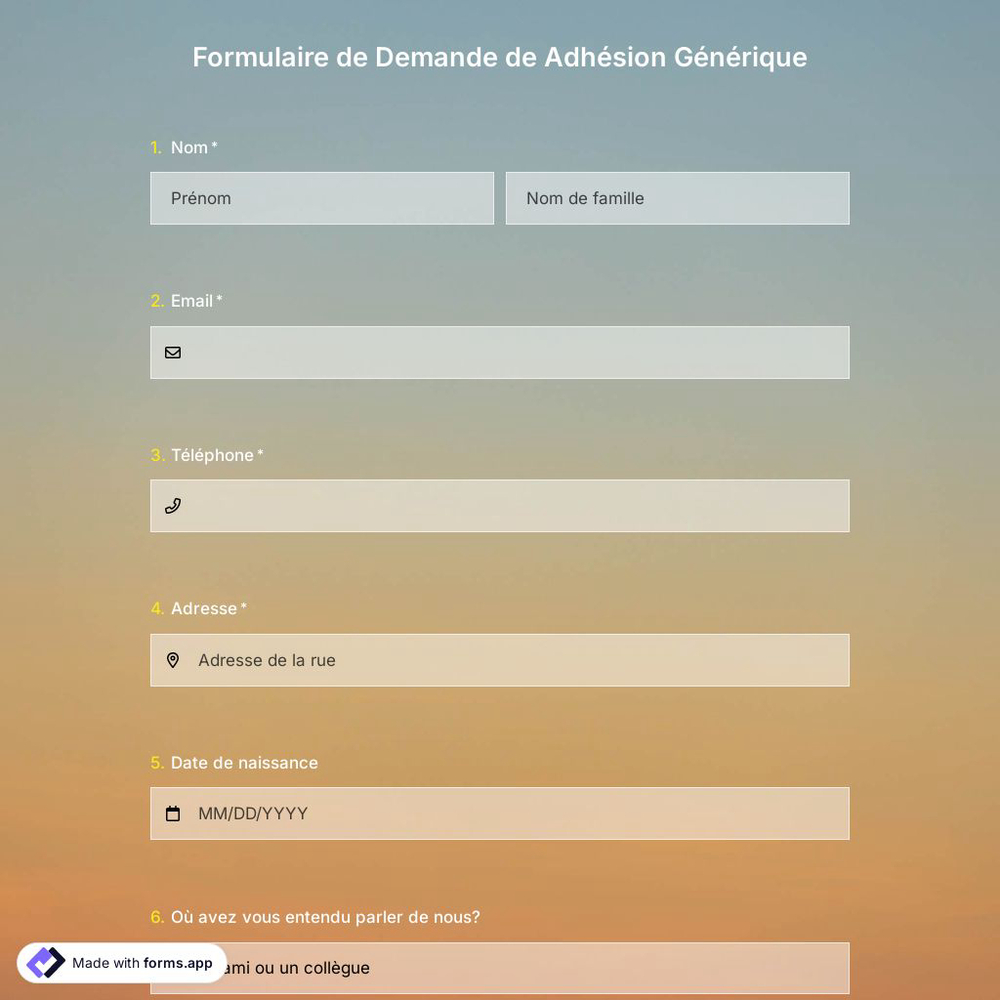 Modèle de Formulaire de Demande de Adhésion Générique