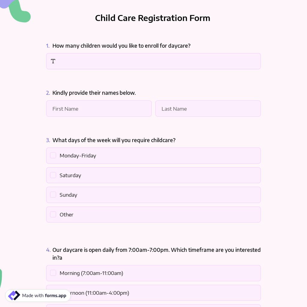 Child Care Registration Form Template