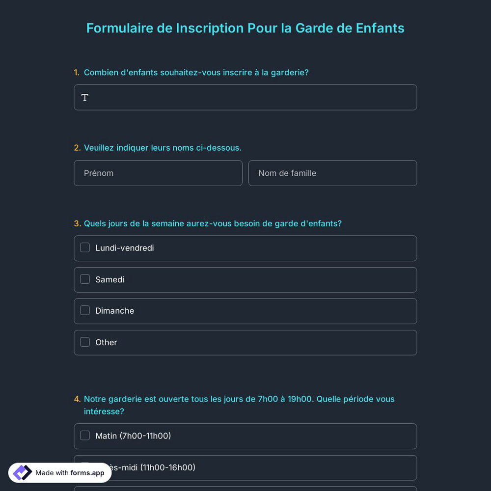 Modèle de Formulaire de Inscription Pour la Garde de Enfants