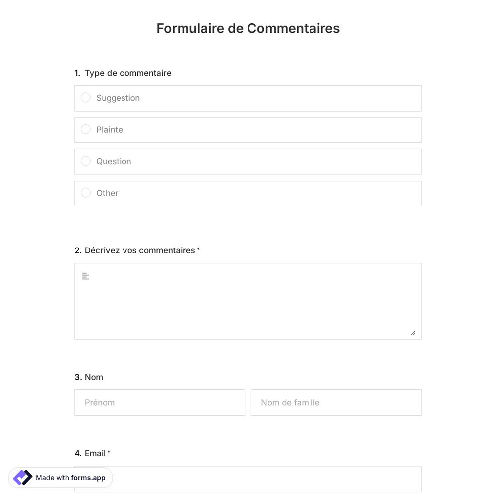 Modèle de Formulaire de Commentaires