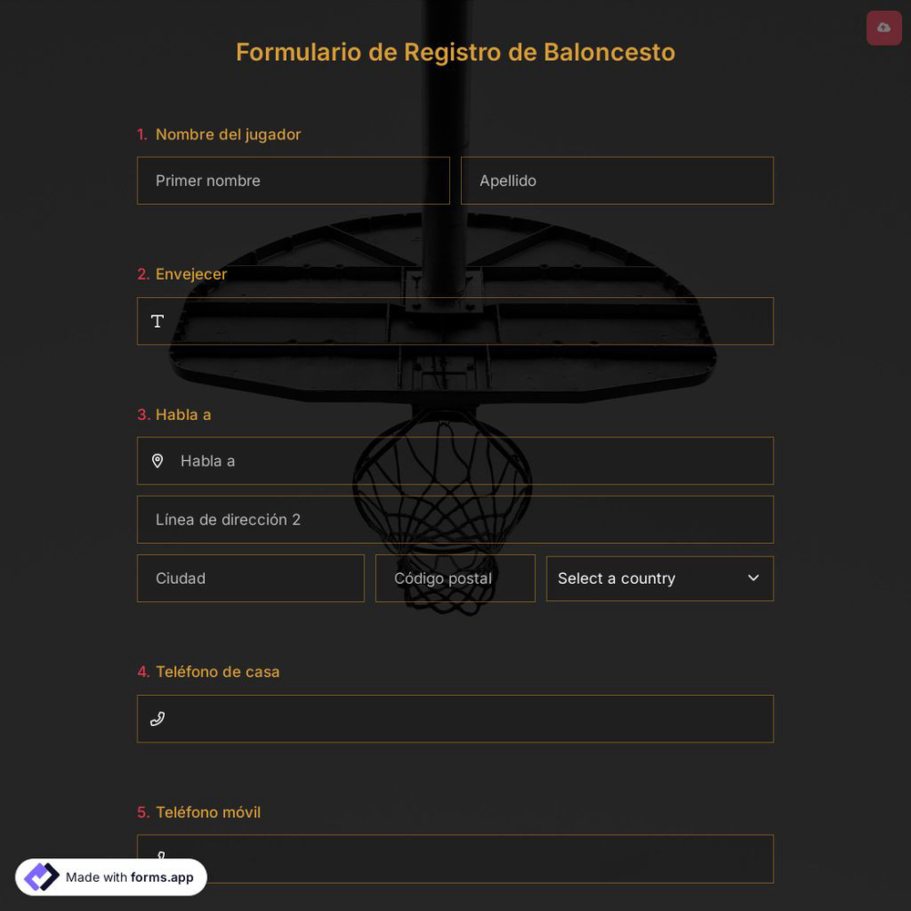 Plantilla de Formulario de Registro de Baloncesto
