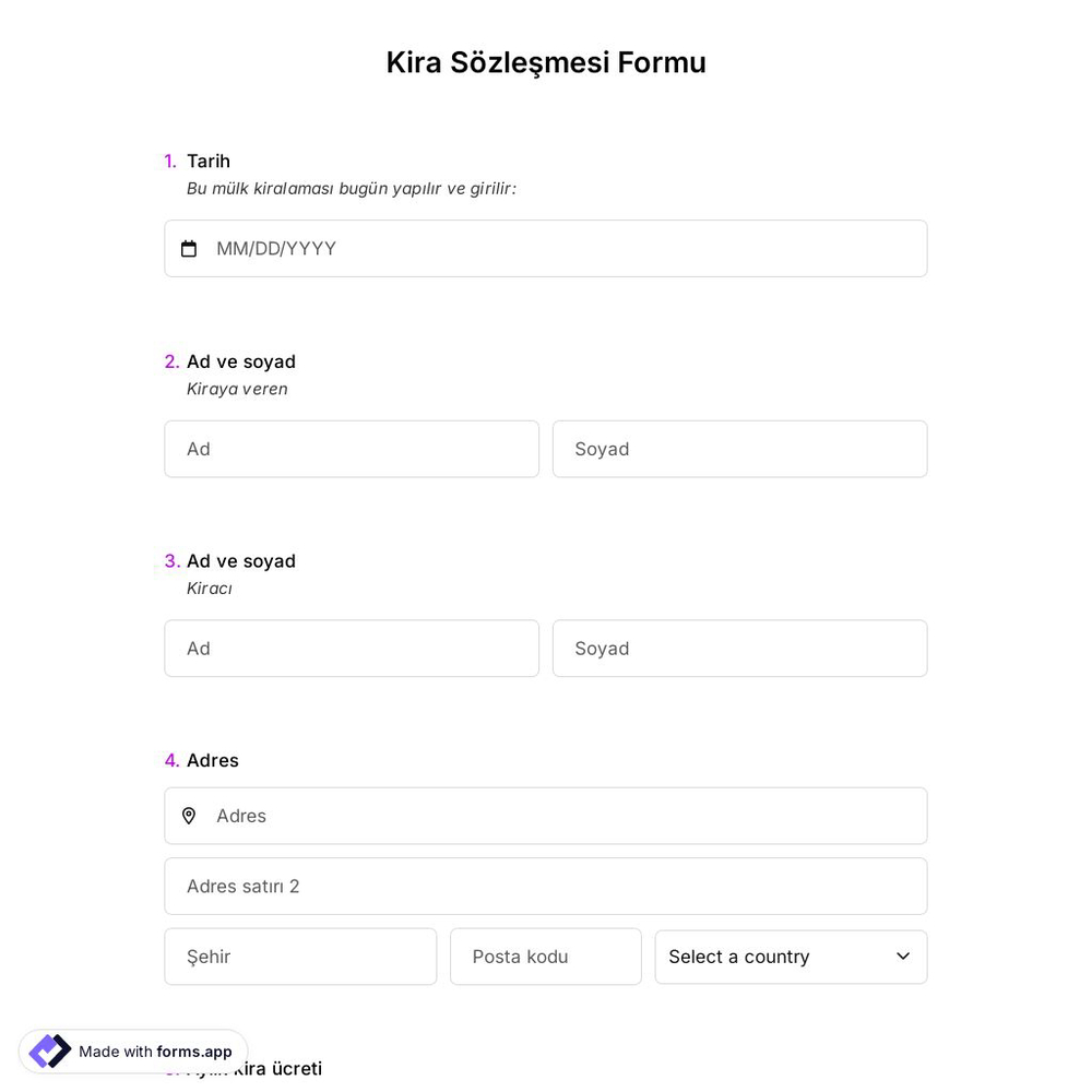 Kira Sözleşmesi Formu Şablonu