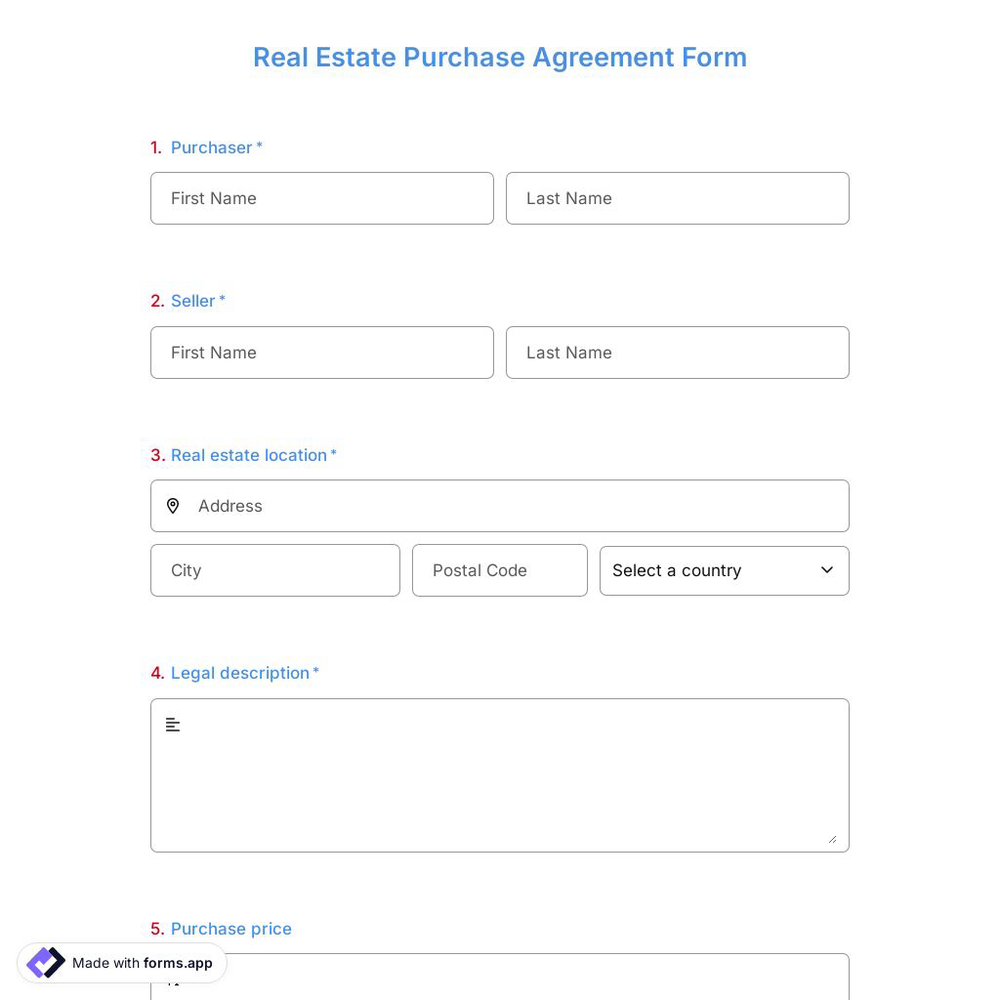 Real Estate Purchase Agreement Form Template