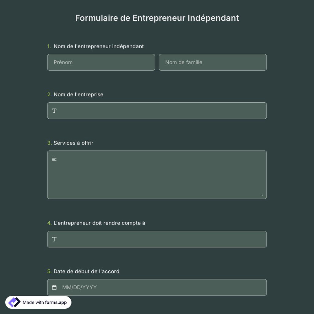 Formulaire de Entrepreneur Indépendant