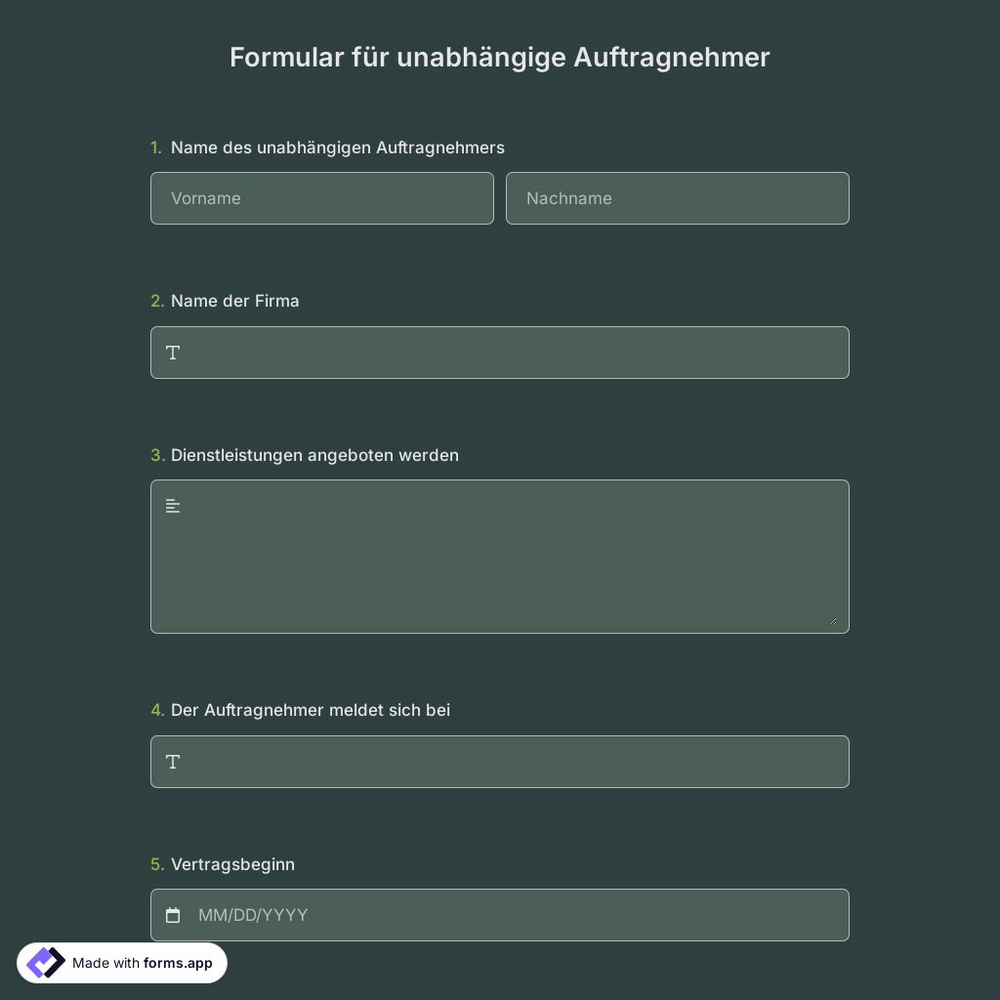 Formular für unabhängige Auftragnehmer