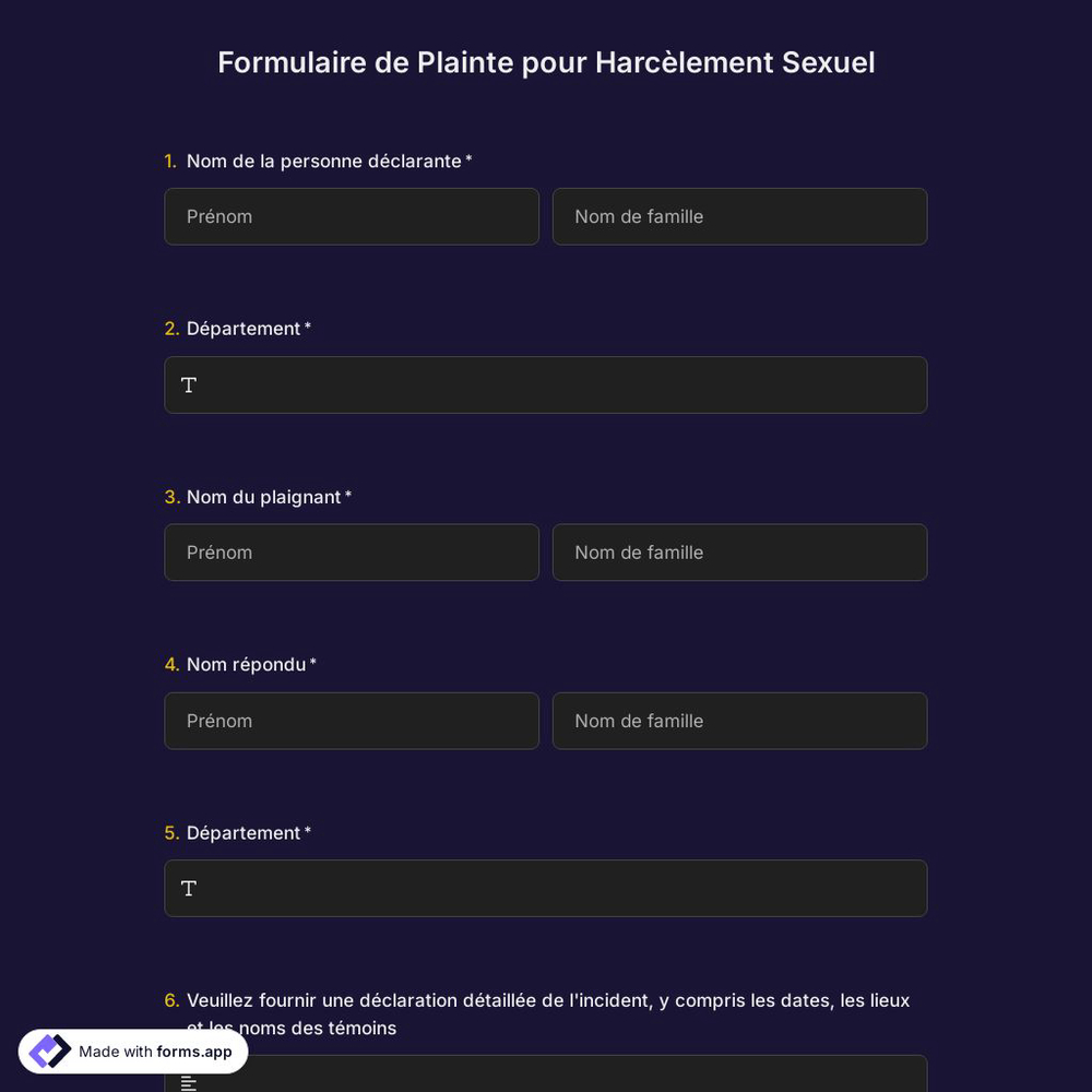 Formulaire de Plainte pour Harcèlement Sexuel