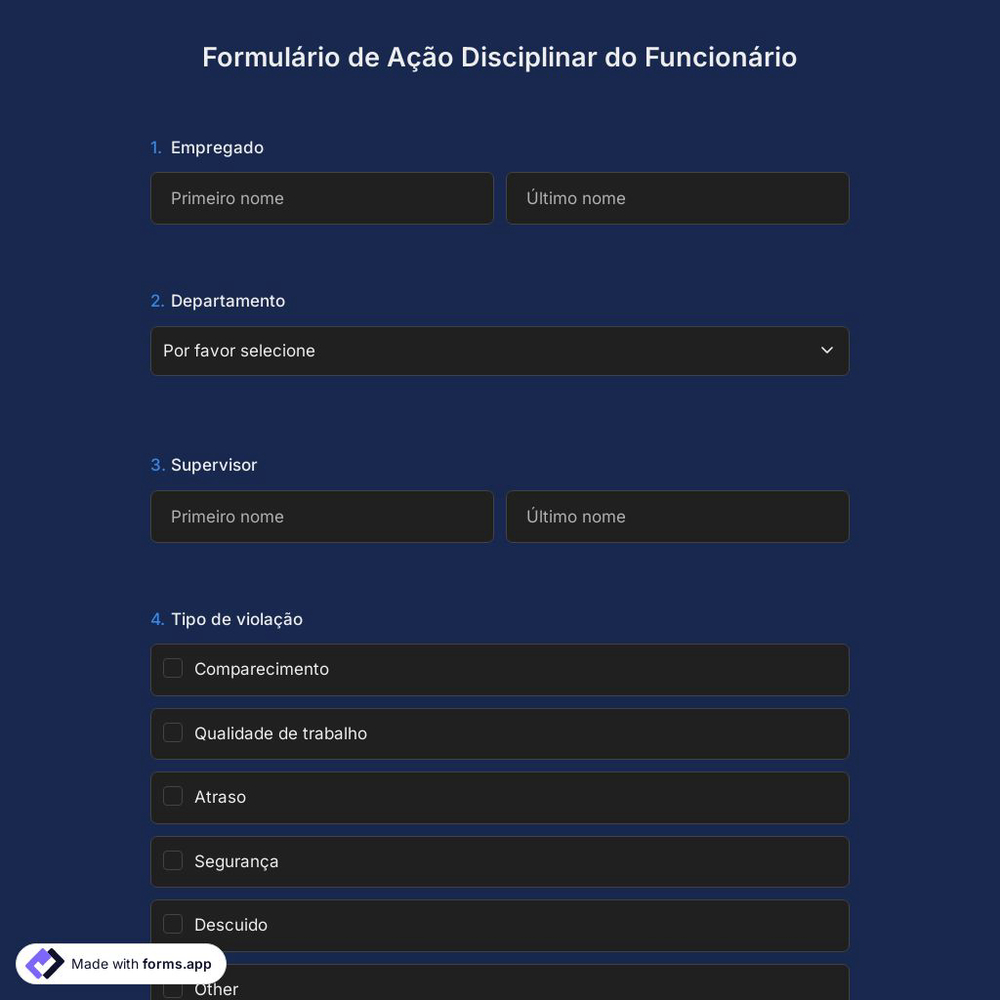 Formulário de Ação Disciplinar do Funcionário