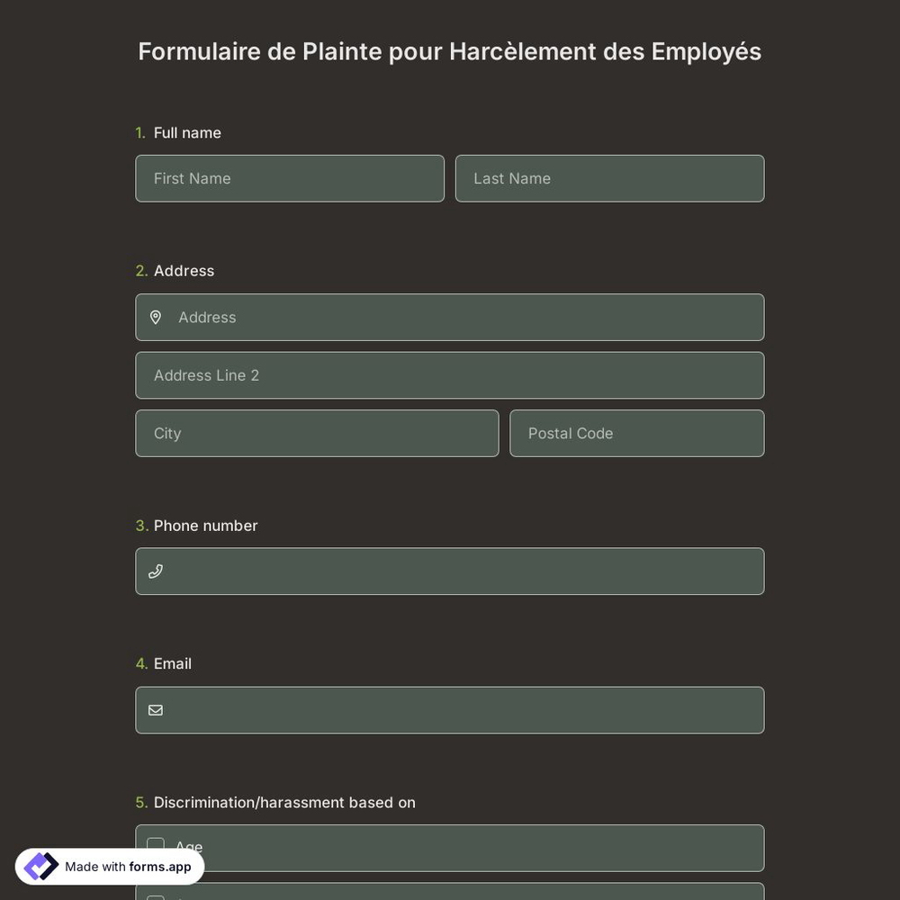 Formulaire de Plainte pour Harcèlement des Employés