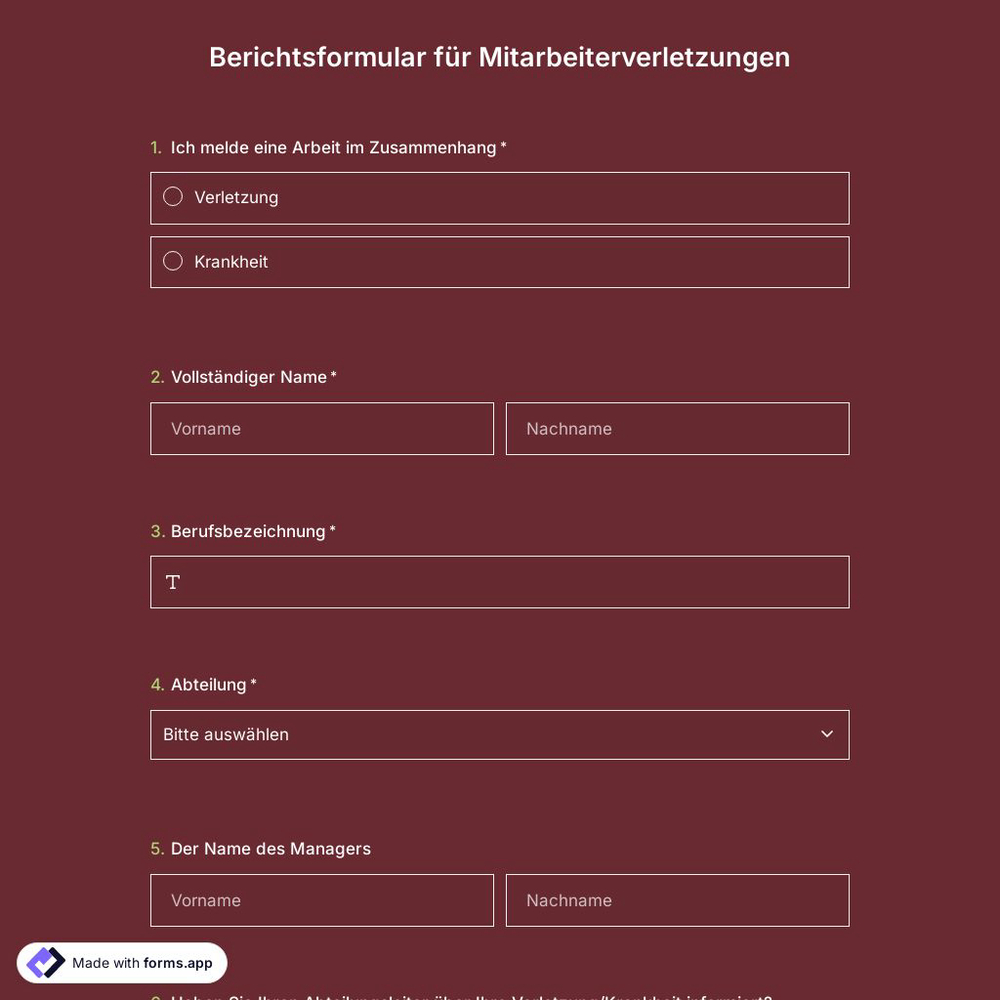 Berichtsformular für Mitarbeiterverletzungen