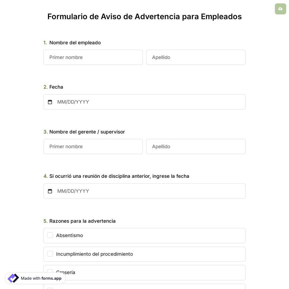 Plantilla de Formulario de Aviso de Advertencia para Empleados